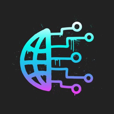 Al Neon Graffiti. Küresel bir işlemci teknolojisi, web konsepti. Şehir sokak stilinde yapay zeka. Moda Y2K klibi. Sıçrama efektleri ve damlalar. Grunge ve sprey dokusu.