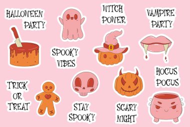 Moda tarzında sevimli ve ürkütücü çizgi film karakterleri. Tuhaf Cadılar Bayramı çıkartmaları seti. Kafatası, kazan, kötü zencefilli ekmek, kek, balkabağı, hayalet, vampir dudakları..