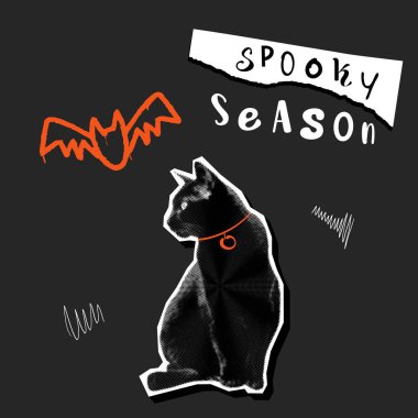 Karışık medya tasarımı için cadılar bayramı yarım ton kolaj posteri. Ürkütücü modern elementler. Yırtılmış kağıt parçası tarzı. Noktalı klasik illüstrasyon. Kara kedi. Vektör illüstrasyonu.