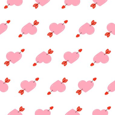 Kusursuz desen, kırmızı oklarla delinmiş şekillendirilmiş pembe kalpler içeriyor. Aşk ve Sevgililer Günü duyguları için ideal tasarım, şenlikli dekorasyon ya da tematik altyapı. Elle çizilmiş biçim.