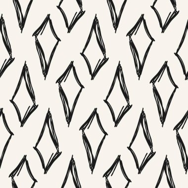 Tekrar eden geometrik şekilli siyah beyaz baskı. El çizimi soyut, pürüzsüz desen. Grunge eşkenar dörtgeni.
