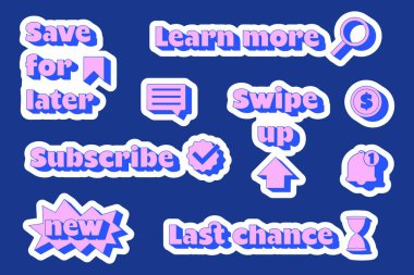 Vibrant social media call-to-action icons set in neon hues, perfect for engaging and guiding users with trendy, clickable prompts. Y2K modern style. Save for later, Learn more, Subscribe, Swipe up. clipart