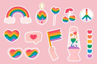 Şirin LGBTQ + etiket seti, çeşitliliği, gurur ve kapsayıcılığı kutluyor. Gökkuşakları, kalpler, barış işaretleri, bayrak, lolipop, lav lambası. Yazdırmak için ideal.