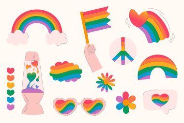 Gökkuşağı renkli gurur çıkartmaları, kalpler, çiçekler, barış işareti, lav lambası, güneş gözlüğü ve bayrak koleksiyonu. Kapsayıcı projeler için sevgi ve çeşitliliği simgeleyen LGBTQ illüstrasyonları.