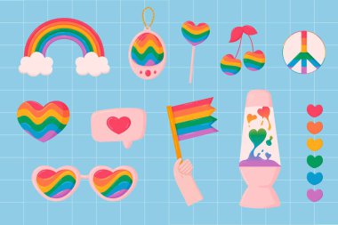 Şirin LGBTQ + koleksiyonu, çeşitliliği, gurur ve kapsayıcılığı kutluyor. Gökkuşakları, kalpler, barış işaretleri, bayrak, lolipop, lav lambası. Yazdırma ve sosyal medya için ideal.