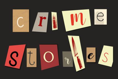 Fidye notu şeklinde, içinde kurşun ve bıçak resimleri olan suç hikayeleri. Gizem, suçla ilgili projeler, podcastlar, belgeseller ve gerilim promosyonları için mükemmel..