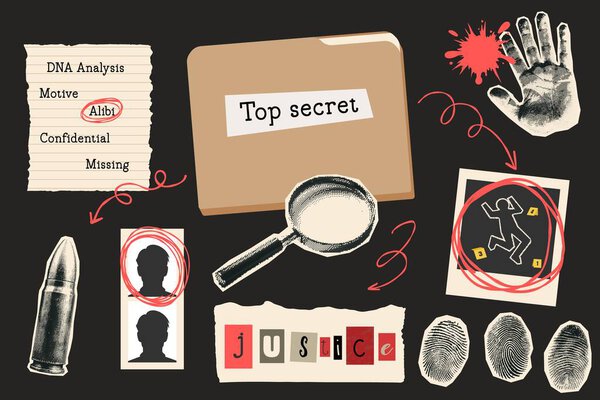 Crime investigation halftone collage. Retro elements like a top-secret file, DNA analysis, alibi, magnifying glass, fingerprints, bullet, and crime scene. Modern Y2K mixed media.