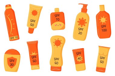 Çeşitli SPF seviyelerine sahip güneş kremi şişeleri. Yağ, merhem, sprey, losyon, çeşitli tüplerde krem. Güneşten korunma. Sevimli, basit, modern elementler. Cilt ürünleri reklamı için ideal.
