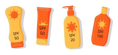 Değişik seviyelerde şirin krem şişeleri var. Güneşten ve ultraviyole ışınlardan korunma. Yaz temalı projeler, cilt bakımı promosyonları ve sağlık amaçlı tasarımlar için mükemmel..