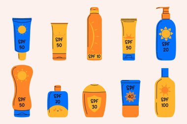 Çeşitli SPF seviyeleri ayarlandı. İzole edilmiş el kremi şişeleri. Yağ, merhem, sprey, losyon, krem. Güneş kremi, ultraviyole koruma, güzellik rutini. Yaz tasarımları ve cilt bakımı için mükemmel..