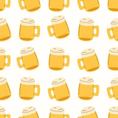 Basit el çizimi tarzında kusursuz desen. Bira bardağı. Oktoberfest, bar dekorasyonu, ambalaj kağıdı, menüler, posterler ve festival tasarımı için ideal.