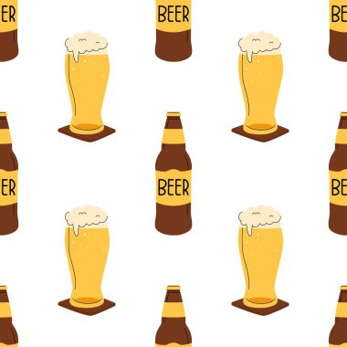 Elle çizilmiş, dikişsiz bira izi. Şişeler ve köpüklü bardaklar. Basit ve temiz bir tasarım. Bar menüleri, bira markası ve Ekim Festivali promosyonları için ideal..