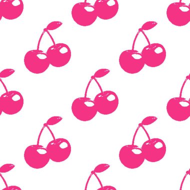 Seamless pattern in Y2K pixel style. Cute neon pink cherry. Perfect for fashion, wrapping paper, wallpaper, digital prints, retro-futuristic design.