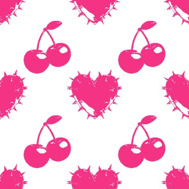 Y2K piksel tarzında kusursuz desen. Şirin neon, pembe kiraz ve dikenli kalp. Moda, ambalaj kağıdı, duvar kağıdı, dijital baskı, geçmişe dönük tasarım için mükemmel..