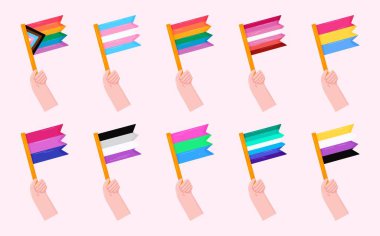 LGBTQ +, lezbiyen, gay, biseksüel, transseksüel, panseksüel, ikili olmayan, aseksüel ve diğer toplulukları temsil eden, gurur bayraklarını tutan bir çift el. Gurur Ayı, çıkartmalar, sosyal medya için mükemmel..