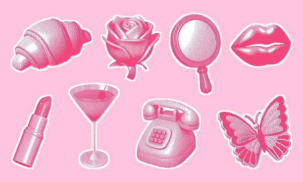 Piksel yarım tonlu pembe renkli çıkartmalar: kruvasan, gül, ayna, dudaklar, ruj, martini, telefon, kelebek. Y2K kolajları, kız tasarımları, baskılar ve popüler pop görseller için mükemmel.