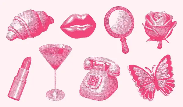 Piksel yarım ton pembeli elementler: kruvasan, gül, ayna, dudaklar, ruj, martini, telefon, kelebek. Y2K kolajları, kız tasarımları, baskılar ve popüler pop görseller için mükemmel.