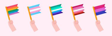 Farklı LGBTQ + bayrakları tutan eller. Gurur Ayı, eşitlik tasarımı, aktivizm posterleri, çıkartmalar ve sosyal medya için mükemmel..