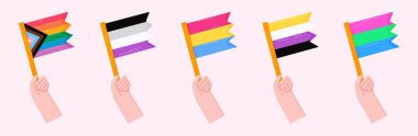 Farklı LGBTQ + bayrakları tutan eller. Gurur Ayı, eşitlik tasarımı, aktivizm posterleri, çıkartmalar ve sosyal medya için mükemmel..
