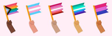 LGBTQ + gurur bayraklarını tutan çeşitli eller. Aşkı, kimliği ve toplumu kutlayan özel bir illüstrasyon. Onur Ayı, aktivizm, eğitim ve eşitlik kampanyaları için mükemmel.
