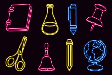 Parlak neon çizgiler okul malzemeleri seti. Makas, kalem, defter, raptiye, çan, matara ve kürenin parlayan sembolleri. Eğitim temaları için mükemmel.