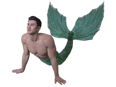 3D canlandırma: beyaz arkaplanda izole edilmiş bir fantezi deniz adamı karakter tasarımı