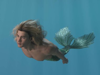 3D canlandırma: Bir fantezi deniz adamı karakteri derin mavi denizde yüzüyor.