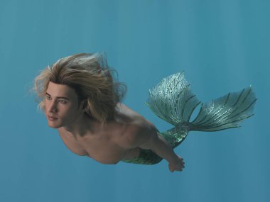 3D render: a fantasy merman creature character is swimming the deep blue sea clipart
