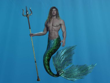 3D render: a fantasy merman creature character is under the deep blue sea, poseidon god of the sea character design concept clipart