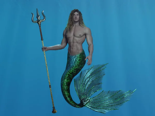 Rendering Personaggio Fantasia Creatura Sirena Sotto Mare Blu Profondo Poseidone — Foto Stock