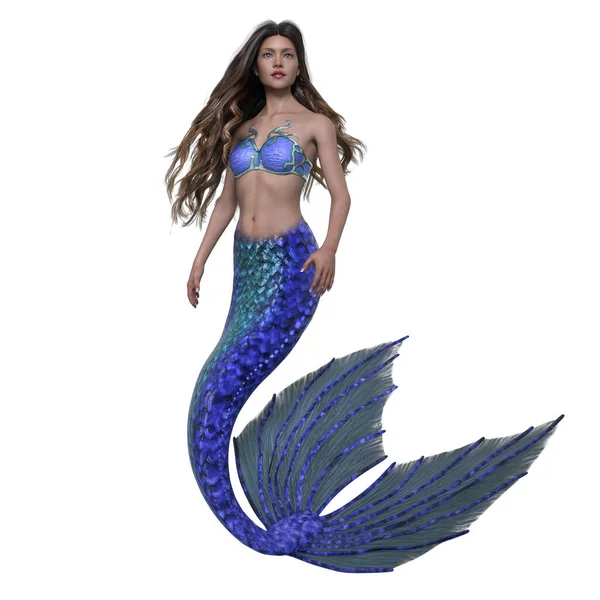 3D渲染 一个基于白色背景的梦幻美人鱼生物角色设计 — 图库照片