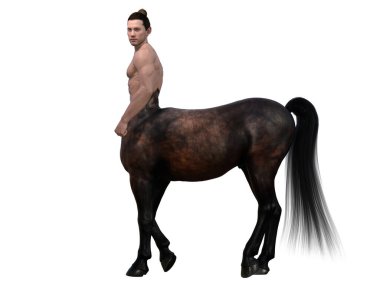 3 boyutlu görüntüleme: Yakışıklı erkek sentorun portresi, vücuduna poz veriyor, beyaz arkaplan ile izole edilmiş, kırpma yolu da dahil.