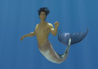 3D render: a merman creature character is swimming the deep blue sea clipart
