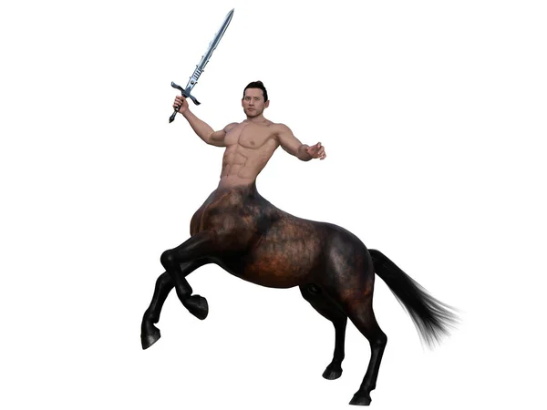 Rendering Portret Przystojnego Męskiego Centaura Pozującego Swoje Ciało Mieczem Odizolowanego — Zdjęcie stockowe