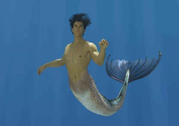 Render Personaje Criatura Merman Está Nadando Mar Azul Profundo — Foto de Stock