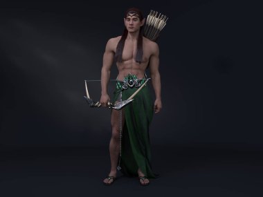 3D Render: Stüdyoda elinde yay ve okla duran fantezi erkek elf karakterinin portresi