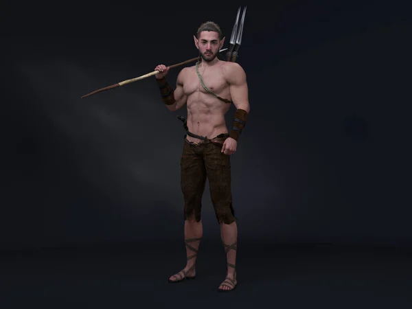 Render Portrait Fantasy Male Elf Character Standing Studio Armed Spear — Stock Photo, Image