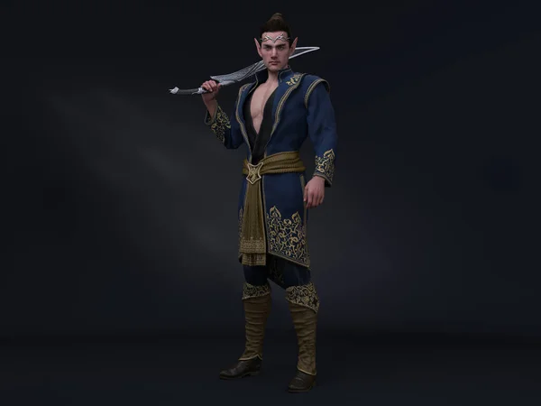 Render Portrait Fantasy Male Elf Character Standing Studio Armed Sword — Stock Photo, Image