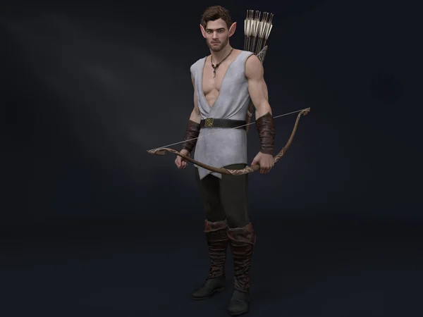 3D Render : portrait of the fantasy male elf character standing in the studio armed with bow and arrows