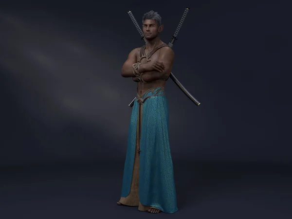 3D Render : portrait of the fantasy male elf character standing in the studio armed with twin katana