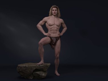 3D Render: Fantezi erkek Tarzan karakterinin portresi stüdyo arka planında bacağını destekleyen bir kaya platformuyla duruyor