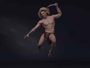 3D Render: Fantezi erkek Tarzan karakterinin portresi elinde bıçakla stüdyonun arka planına atlıyor