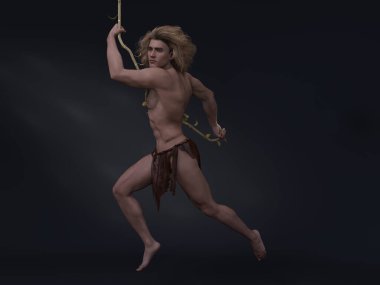 3D Render: Stüdyo arka planında çekilen fantezi erkek Tarzan portresi, sarmaşık, liana, sürünen bitkiler dekor olarak