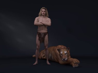 3D Render: Stüdyo arka planında çekilen fantezi erkek Tarzan karakteri portresi