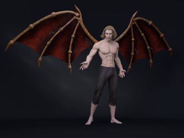 3D Render: fantezi erkek vampir karakter şeytan kanatlı, cadılar bayramı için korku yaratığı karakteri