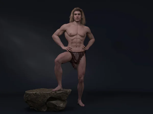 Render Fantezi Erkek Tarzan Karakterinin Portresi Stüdyo Arka Planında Bacağını — Stok fotoğraf