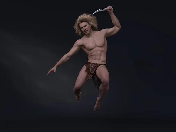 Render Fantezi Erkek Tarzan Karakterinin Portresi Elinde Bıçakla Stüdyonun Arka — Stok fotoğraf
