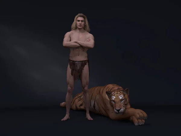 Render Stüdyo Arka Planında Çekilen Fantezi Erkek Tarzan Karakteri Portresi — Stok fotoğraf