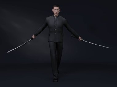 3D Render: Japon tarzı öğrenci üniforması giyen ve uzun katana kılıcı tutan anime bir erkek dövüşçü karakteri.