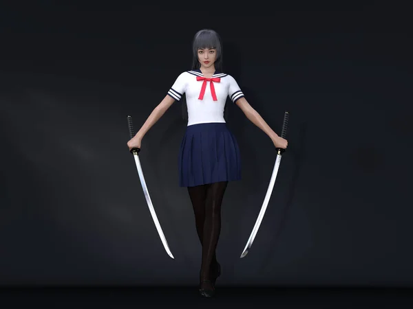 3D Render : a character of a anime female fighter wearing  japanese style student uniform and holding the long katana sword
